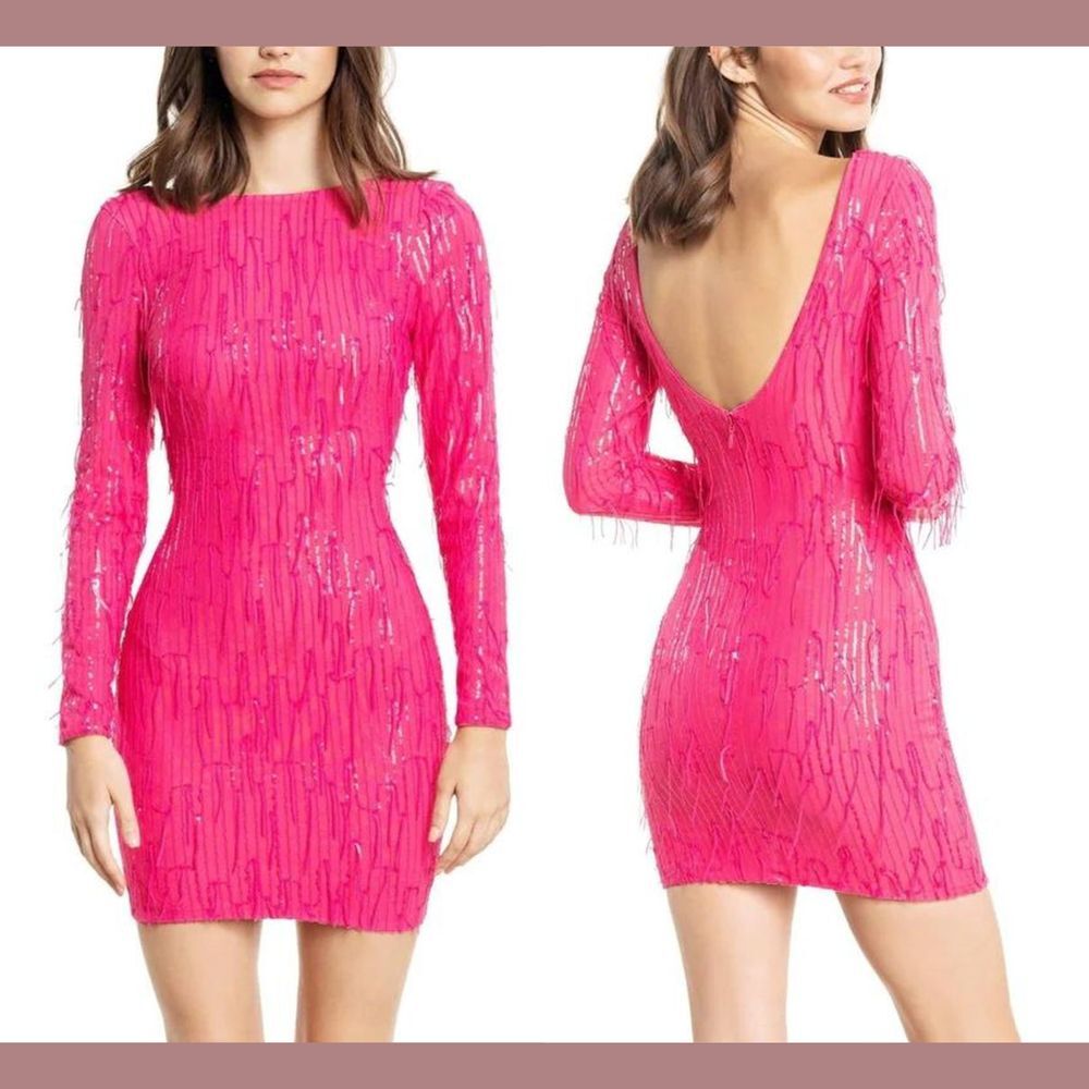 NEW Dress the Population [‎ Small ] Lola Mini Long Sleeve Dress in Hot Pink